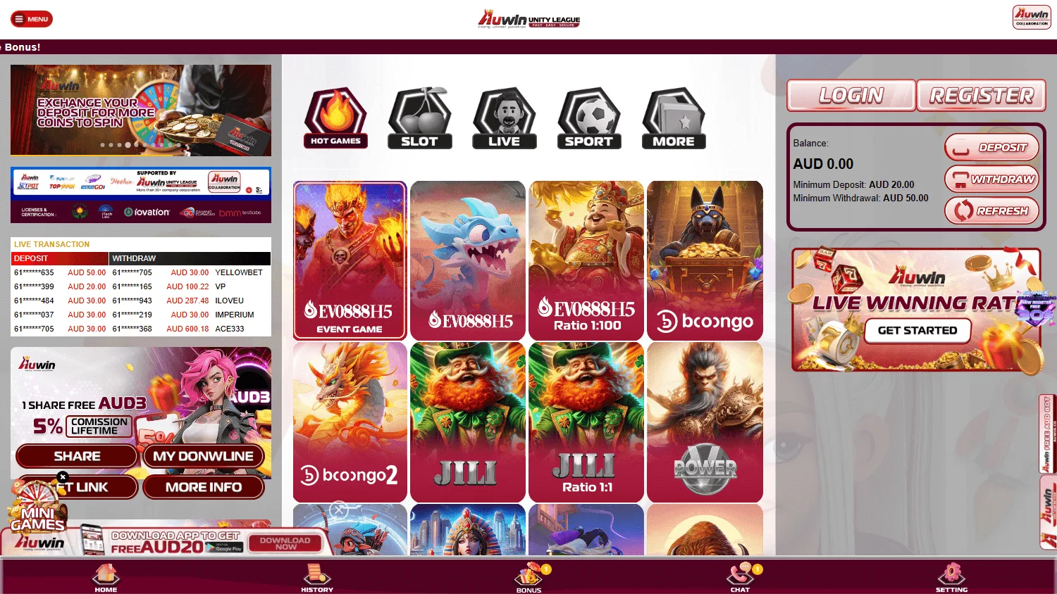 Auwin Casino home screen on desktop with the opening player offer