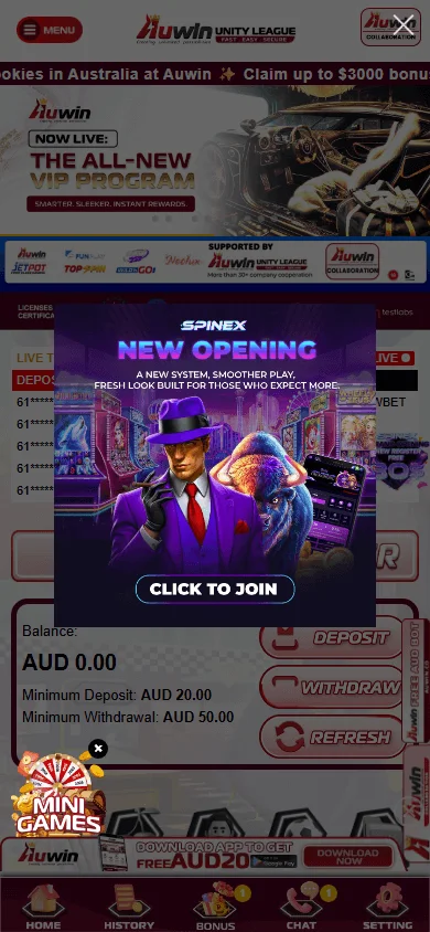 Auwin Casino home screen on a mobile phone
