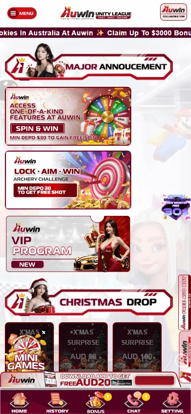 Auwin Casino promotions screen on a mobile phone