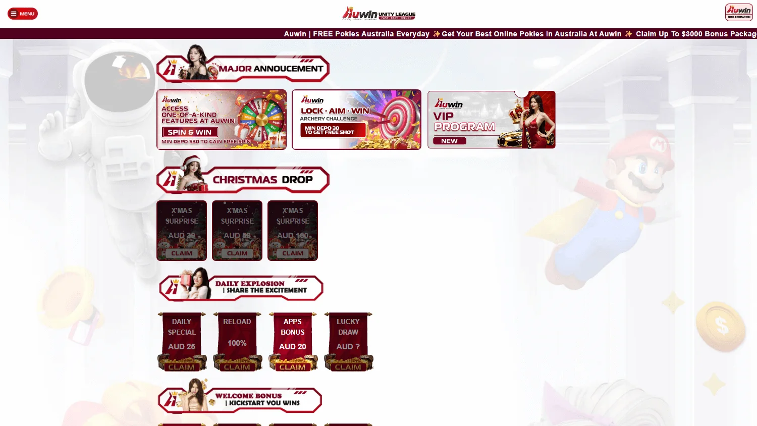 Auwin Casino promotions screen on desktop with bonus and cashback offers